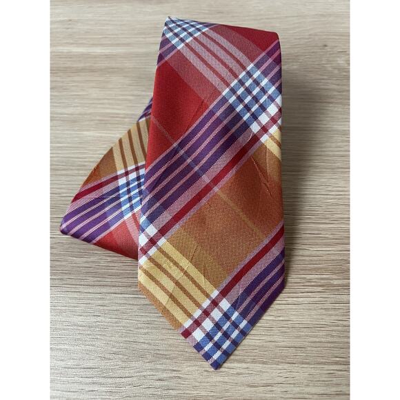 Tommy Hilfiger Red, Orange, Purple, White Plaid Design 100% Silk Designer Tie - Picture 1 of 6